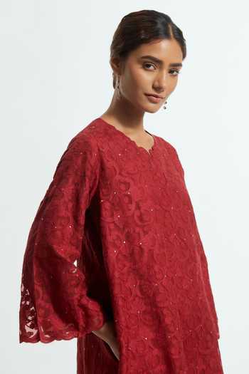 Kora Red Silk, Organza Split V-neck Embroidered Kurta Set at Aza Fashions Kora_Red Silk, Organza Split V-neck Embroidered Kurta Set _at_Aza_Fashions