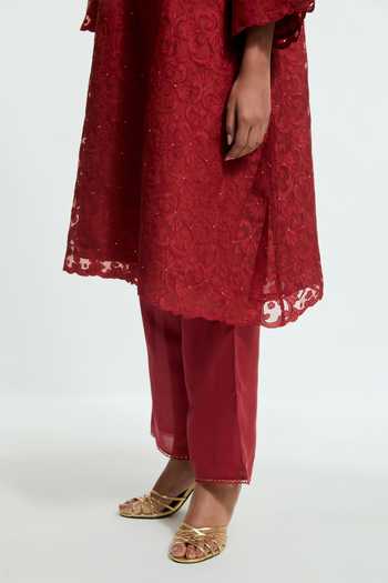 Buy Kora Red Silk, Organza Split V-neck Embroidered Kurta Set Buy_Kora_Red Silk, Organza Split V-neck Embroidered Kurta Set