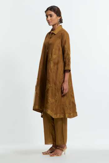 Kora_Olive Green Silk, Organza Collared Neck, Bird Applique Motif Kurta And Pant Set _Online_at_Aza_Fashions