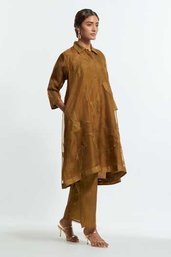 Buy_Kora_Olive Green Silk, Organza Collared Neck, Bird Applique Motif Kurta And Pant Set _Online_at_Aza_Fashions