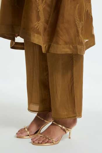 Kora_Olive Green Silk, Organza Collared Neck, Bird Applique Motif Kurta And Pant Set _at_Aza_Fashions