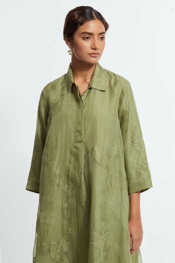 Shop_Kora_Green Silk Collared Neck, Yes Bird Embroidered A-line Kurta With Pant _Online_at_Aza_Fashions