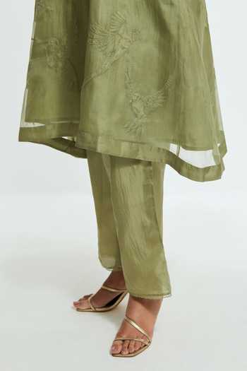 Kora_Green Silk Collared Neck, Yes Bird Embroidered A-line Kurta With Pant _at_Aza_Fashions