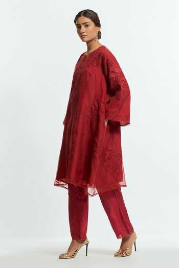 Kora Red Silk Split V-neck, Yes Embellished Kurta And Pant Set Online at Aza Fashions Kora_Red Silk Split V-neck, Yes Embellished Kurta And Pant Set _Online_at_Aza_Fashions