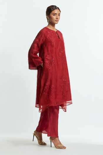 Buy Kora Red Silk Split V-neck, Yes Embellished Kurta And Pant Set Online at Aza Fashions Buy_Kora_Red Silk Split V-neck, Yes Embellished Kurta And Pant Set _Online_at_Aza_Fashions