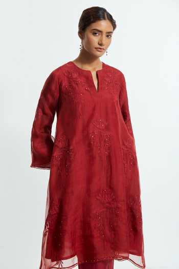 Shop Kora Red Silk Split V-neck, Yes Embellished Kurta And Pant Set Online at Aza Fashions Shop_Kora_Red Silk Split V-neck, Yes Embellished Kurta And Pant Set _Online_at_Aza_Fashions