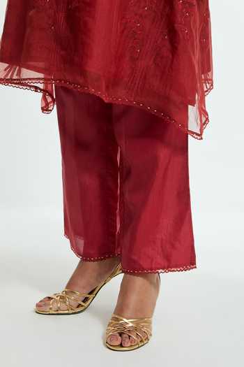 Kora Red Silk Split V-neck, Yes Embellished Kurta And Pant Set at Aza Fashions Kora_Red Silk Split V-neck, Yes Embellished Kurta And Pant Set _at_Aza_Fashions