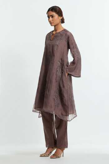 Kora Grey Silk Round Neck, Yes Embroidered Kurta And Pant Set Online at Aza Fashions Kora_Grey Silk Round Neck, Yes Embroidered Kurta And Pant Set _Online_at_Aza_Fashions