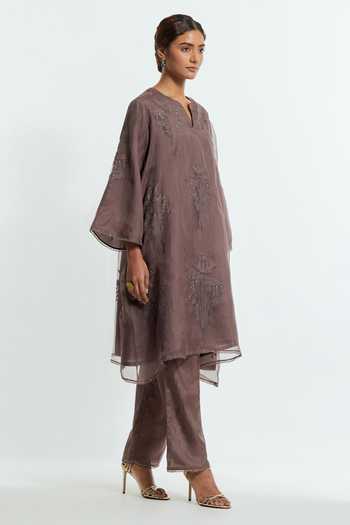 Buy Kora Grey Silk Round Neck, Yes Embroidered Kurta And Pant Set Online at Aza Fashions Buy_Kora_Grey Silk Round Neck, Yes Embroidered Kurta And Pant Set _Online_at_Aza_Fashions