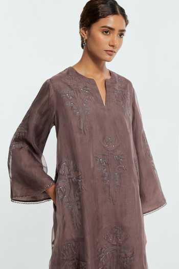 Shop Kora Grey Silk Round Neck, Yes Embroidered Kurta And Pant Set Online at Aza Fashions Shop_Kora_Grey Silk Round Neck, Yes Embroidered Kurta And Pant Set _Online_at_Aza_Fashions