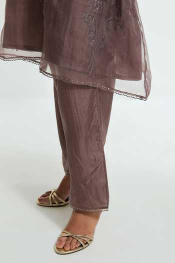 Kora Grey Silk Round Neck, Yes Embroidered Kurta And Pant Set at Aza Fashions Kora_Grey Silk Round Neck, Yes Embroidered Kurta And Pant Set _at_Aza_Fashions