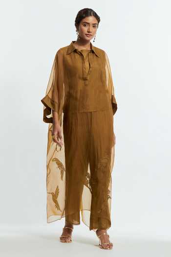Buy Kora Olive Green Silk, Organza Collared Neck Applique Work Kaftan And Pant Set Online at Aza Fashions Buy_Kora_Olive Green Silk, Organza Collared Neck Applique Work Kaftan And Pant Set _Online_at_Aza_Fashions