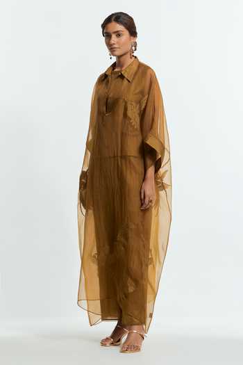 Shop Kora Olive Green Silk, Organza Collared Neck Applique Work Kaftan And Pant Set Online at Aza Fashions Shop_Kora_Olive Green Silk, Organza Collared Neck Applique Work Kaftan And Pant Set _Online_at_Aza_Fashions