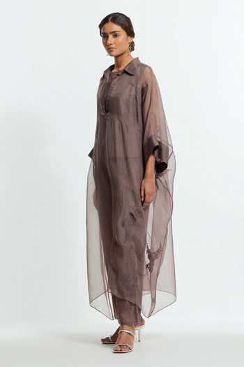 Buy Kora Grey Silk, Organza Collared Neck Embroidered Kaftan And Pant Set Online at Aza Fashions Buy_Kora_Grey Silk, Organza Collared Neck Embroidered Kaftan And Pant Set _Online_at_Aza_Fashions