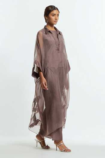 Shop Kora Grey Silk, Organza Collared Neck Embroidered Kaftan And Pant Set Online at Aza Fashions Shop_Kora_Grey Silk, Organza Collared Neck Embroidered Kaftan And Pant Set _Online_at_Aza_Fashions