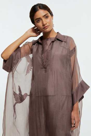 Kora Grey Silk, Organza Collared Neck Embroidered Kaftan And Pant Set at Aza Fashions Kora_Grey Silk, Organza Collared Neck Embroidered Kaftan And Pant Set _at_Aza_Fashions