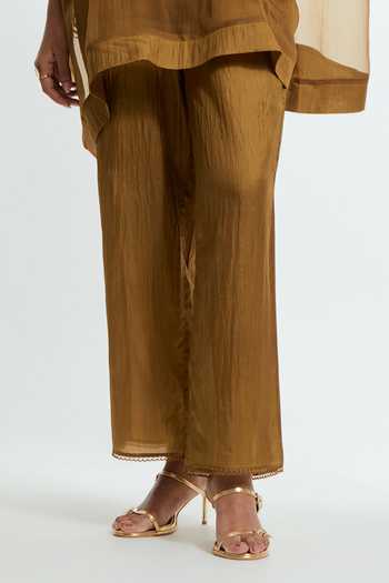 Kora_Olive Green Silk Round Neck Embroidered Kaftan And Pant Set _Online_at_Aza_Fashions