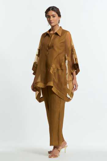 Buy_Kora_Olive Green Silk Round Neck Embroidered Kaftan And Pant Set _Online_at_Aza_Fashions