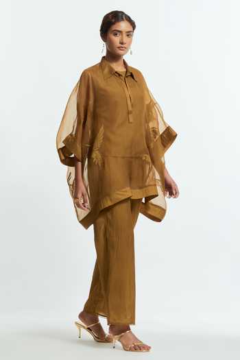 Shop_Kora_Olive Green Silk Round Neck Embroidered Kaftan And Pant Set _Online_at_Aza_Fashions