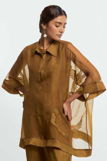 Kora_Olive Green Silk Round Neck Embroidered Kaftan And Pant Set _at_Aza_Fashions