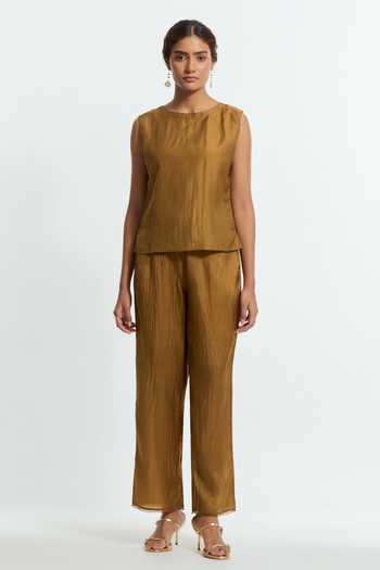Buy_Kora_Olive Green Silk Round Neck Embroidered Kaftan And Pant Set 