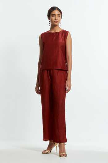 Kora Red Silk Round Neck Embroidered Kaftan With Pant Online at Aza Fashions Kora_Red Silk Round Neck Embroidered Kaftan With Pant _Online_at_Aza_Fashions