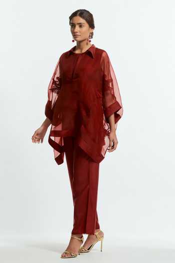 Shop Kora Red Silk Round Neck Embroidered Kaftan With Pant Online at Aza Fashions Shop_Kora_Red Silk Round Neck Embroidered Kaftan With Pant _Online_at_Aza_Fashions