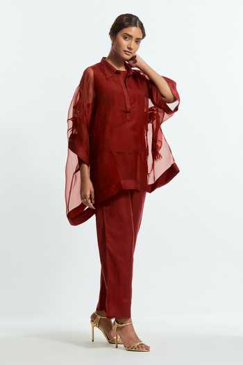 Kora Red Silk Round Neck Embroidered Kaftan With Pant at Aza Fashions Kora_Red Silk Round Neck Embroidered Kaftan With Pant _at_Aza_Fashions
