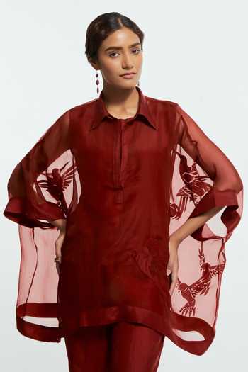 Buy Kora Red Silk Round Neck Embroidered Kaftan With Pant Buy_Kora_Red Silk Round Neck Embroidered Kaftan With Pant