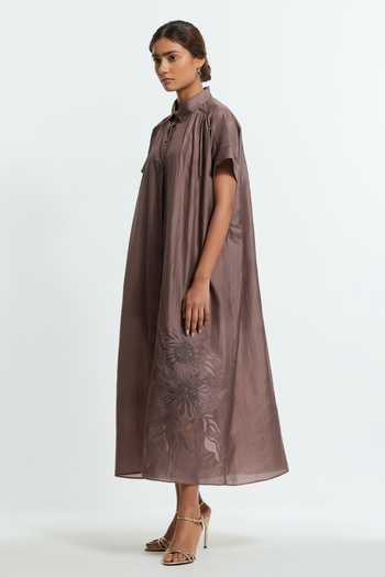 Kora Grey Silk Collared Neck Applique Work Dress Online at Aza Fashions Kora_Grey Silk Collared Neck Applique Work Dress _Online_at_Aza_Fashions