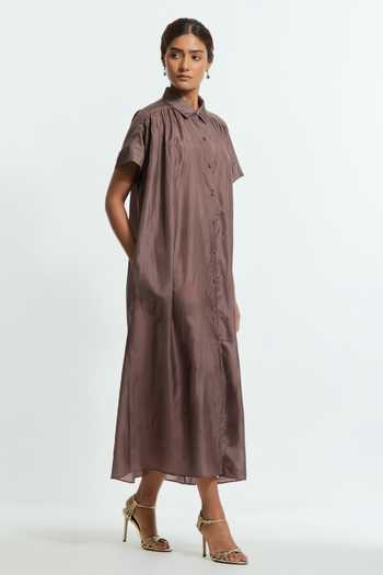 Buy Kora Grey Silk Collared Neck Applique Work Dress Online at Aza Fashions Buy_Kora_Grey Silk Collared Neck Applique Work Dress _Online_at_Aza_Fashions