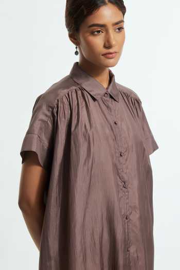 Shop Kora Grey Silk Collared Neck Applique Work Dress Online at Aza Fashions Shop_Kora_Grey Silk Collared Neck Applique Work Dress _Online_at_Aza_Fashions