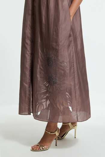 Kora Grey Silk Collared Neck Applique Work Dress at Aza Fashions Kora_Grey Silk Collared Neck Applique Work Dress _at_Aza_Fashions