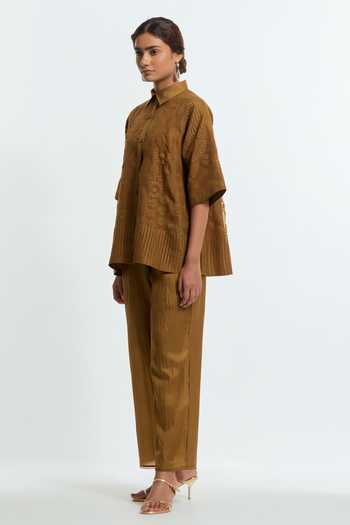 Buy Kora Olive Green Organza, Collared Neck Embroidered Top With Pant Online at Aza Fashions Buy_Kora_Olive Green Organza, Collared Neck Embroidered Top With Pant _Online_at_Aza_Fashions