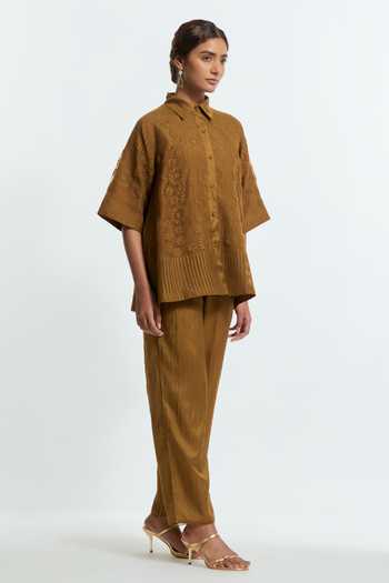 Shop Kora Olive Green Organza, Collared Neck Embroidered Top With Pant Online at Aza Fashions Shop_Kora_Olive Green Organza, Collared Neck Embroidered Top With Pant _Online_at_Aza_Fashions