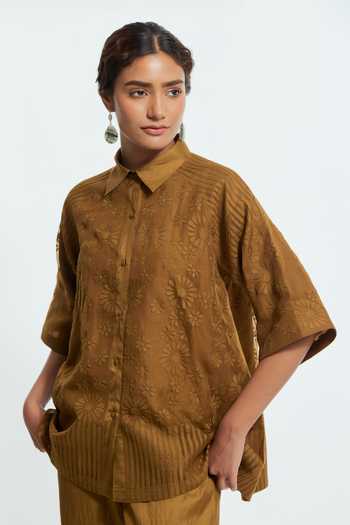 Kora Olive Green Organza, Collared Neck Embroidered Top With Pant at Aza Fashions Kora_Olive Green Organza, Collared Neck Embroidered Top With Pant _at_Aza_Fashions