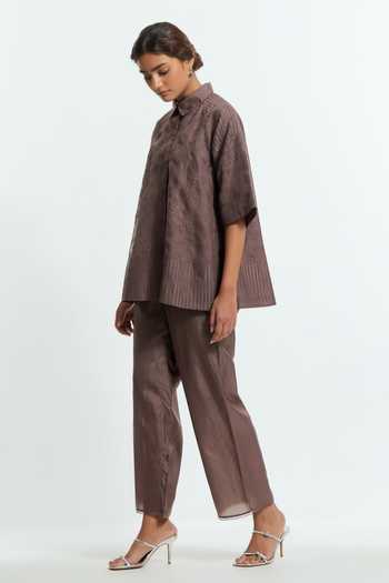 Buy_Kora_Grey Organza, Collared Neck Floral Applique Work Top And Pant Set _Online_at_Aza_Fashions