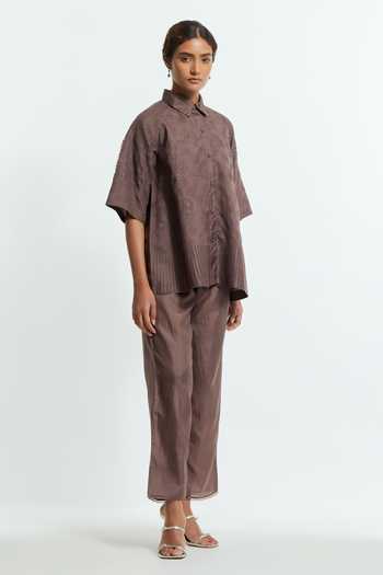 Shop_Kora_Grey Organza, Collared Neck Floral Applique Work Top And Pant Set _Online_at_Aza_Fashions
