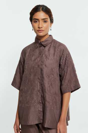 Kora_Grey Organza, Collared Neck Floral Applique Work Top And Pant Set _at_Aza_Fashions