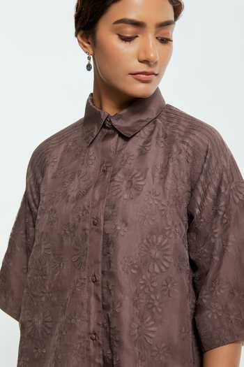 Buy_Kora_Grey Organza, Collared Neck Floral Applique Work Top And Pant Set 