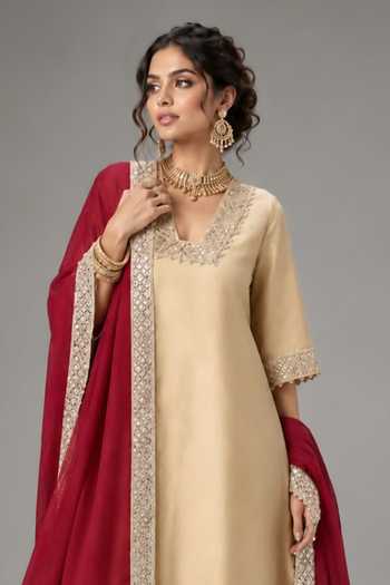 Monk & Mei By Sonia Anand Beige Silk V-neck Neckline Embroidered Kurta Set Online at Aza Fashions Monk & Mei By Sonia Anand_Beige Silk V-neck Neckline Embroidered Kurta Set _Online_at_Aza_Fashions