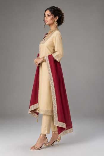 Buy Monk & Mei By Sonia Anand Beige Silk V-neck Neckline Embroidered Kurta Set Online at Aza Fashions Buy_Monk & Mei By Sonia Anand_Beige Silk V-neck Neckline Embroidered Kurta Set _Online_at_Aza_Fashions