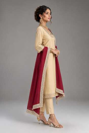 Shop Monk & Mei By Sonia Anand Beige Silk V-neck Neckline Embroidered Kurta Set Online at Aza Fashions Shop_Monk & Mei By Sonia Anand_Beige Silk V-neck Neckline Embroidered Kurta Set _Online_at_Aza_Fashions
