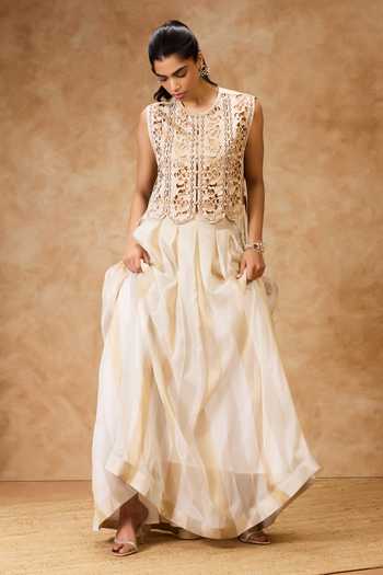 Needleten_Ivory Organza, Viscose, Tissue Box Pleated Skirt _Online_at_Aza_Fashions