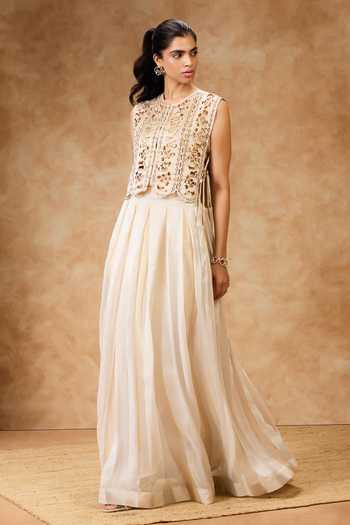 Buy_Needleten_Ivory Organza, Viscose, Tissue Box Pleated Skirt _Online_at_Aza_Fashions