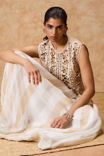 Shop_Needleten_Ivory Organza, Viscose, Tissue Box Pleated Skirt _Online_at_Aza_Fashions