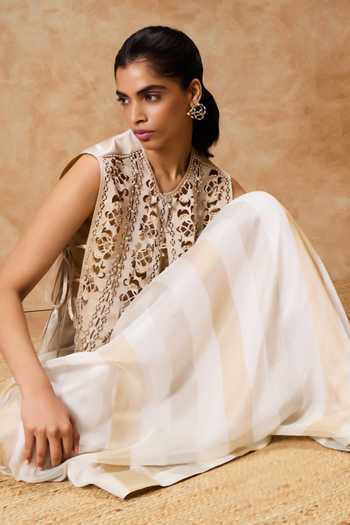 Needleten_Ivory Organza, Viscose, Tissue Box Pleated Skirt _at_Aza_Fashions