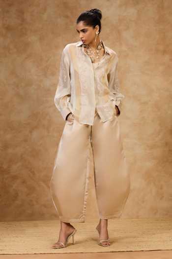 Needleten Gold Organza, Viscose, Tissue Collared Neck Ivory And Striped Shirt Online at Aza Fashions Needleten_Gold Organza, Viscose, Tissue Collared Neck Ivory And Striped Shirt _Online_at_Aza_Fashions