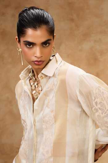 Shop Needleten Gold Organza, Viscose, Tissue Collared Neck Ivory And Striped Shirt Online at Aza Fashions Shop_Needleten_Gold Organza, Viscose, Tissue Collared Neck Ivory And Striped Shirt _Online_at_Aza_Fashions