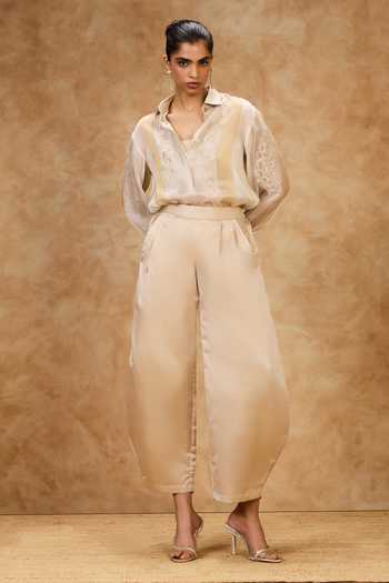 Needleten Gold Organza, Viscose, Tissue Collared Neck Ivory And Striped Shirt at Aza Fashions Needleten_Gold Organza, Viscose, Tissue Collared Neck Ivory And Striped Shirt _at_Aza_Fashions